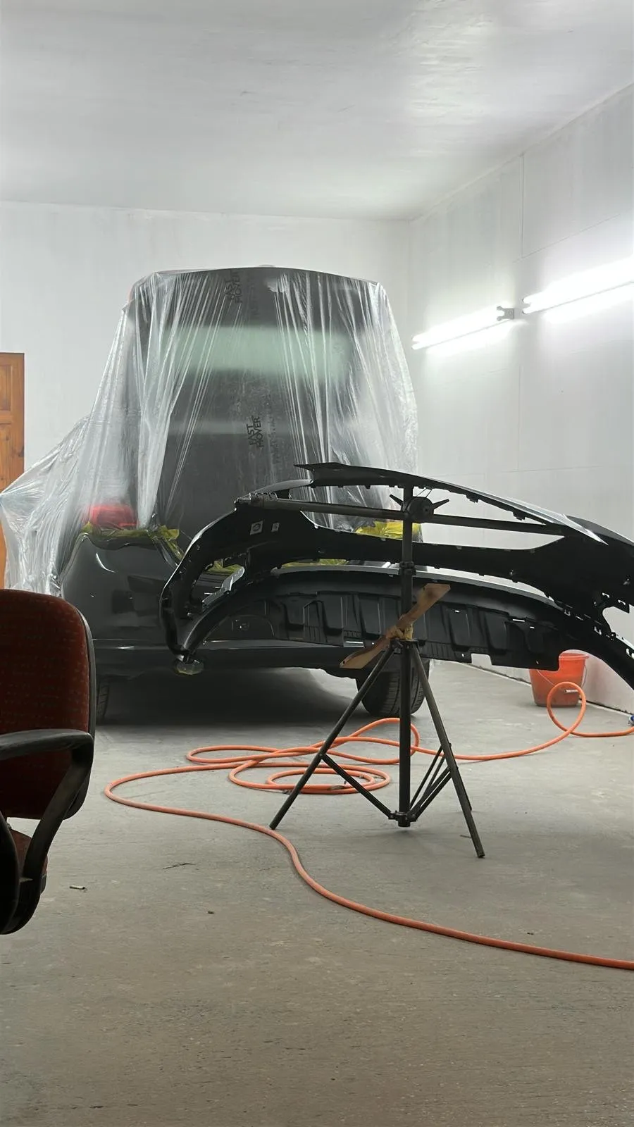 Front bumper on the stand, ready for colour